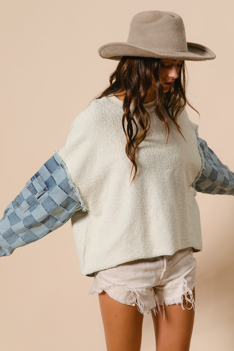 RESTOCKED!! Loop Terry with Washed Checker Denim Pullover - Ivory Denim