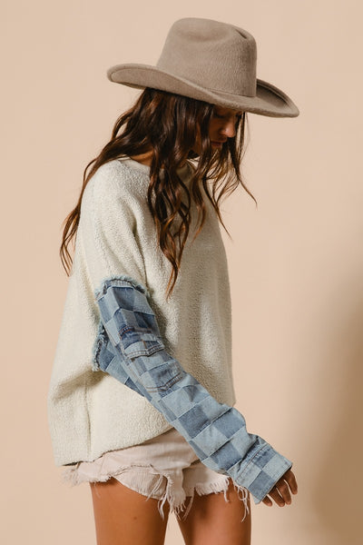 RESTOCKED!! Loop Terry with Washed Checker Denim Pullover - Ivory Denim