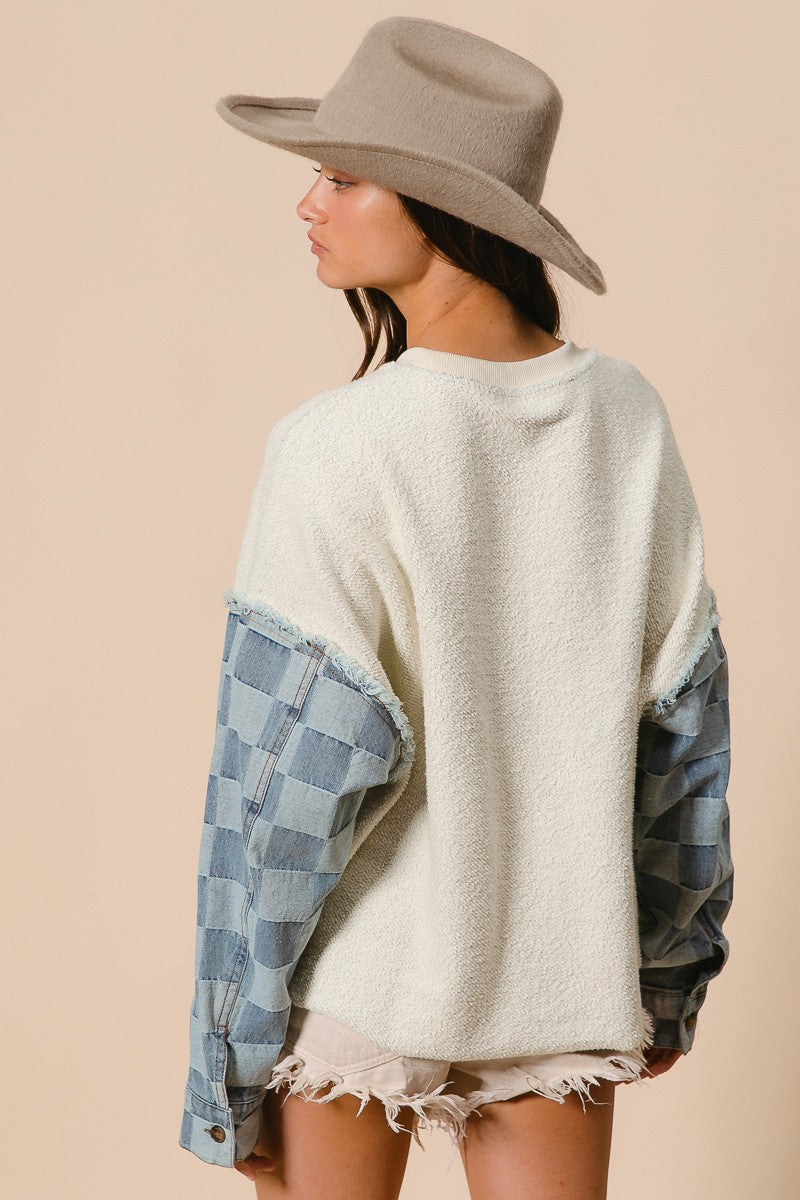 RESTOCKED!! Loop Terry with Washed Checker Denim Pullover - Ivory Denim