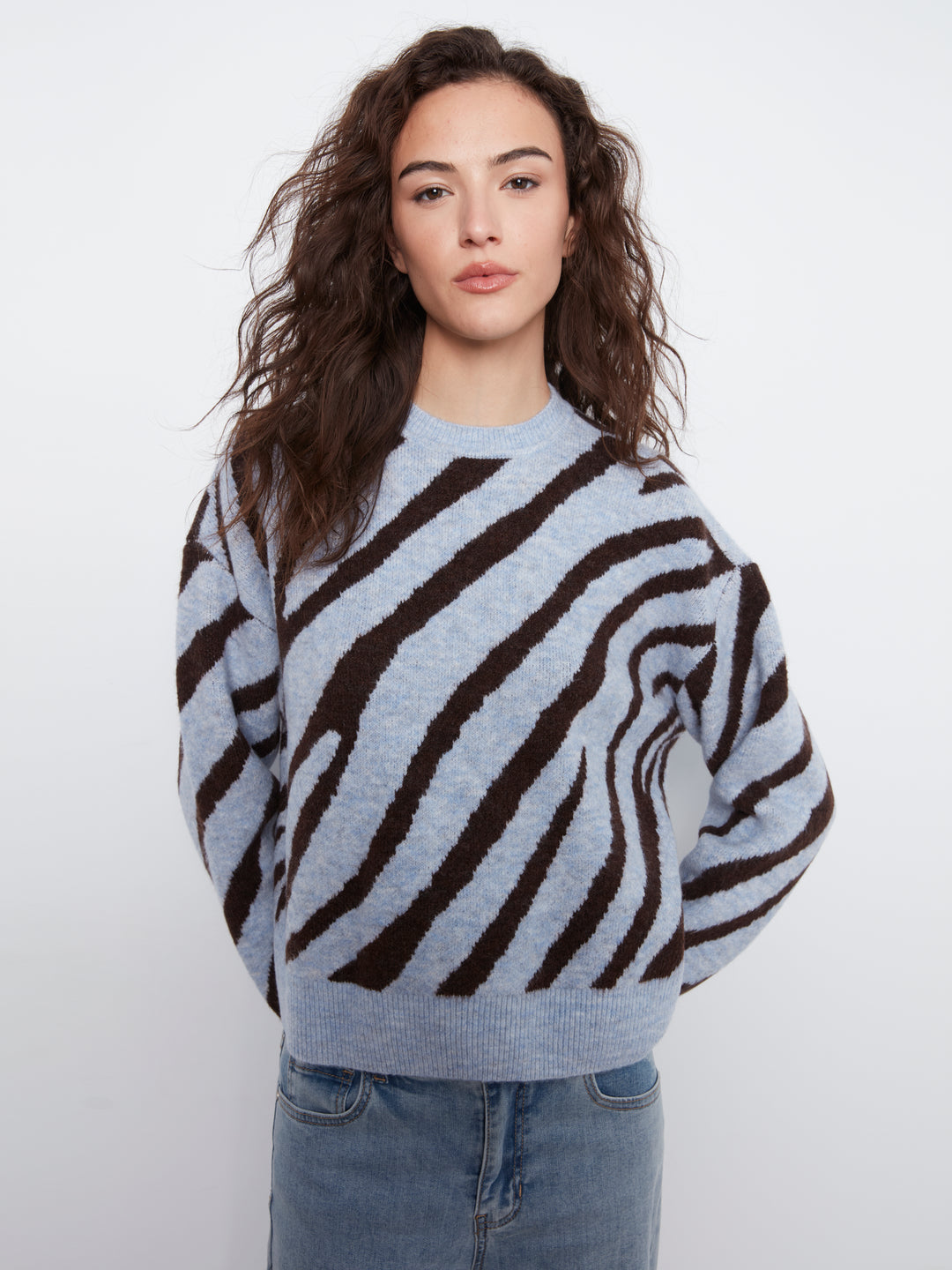 A woman with long, wavy brown hair wearing a light blue-gray crewneck sweater with bold dark brown zebra-like stripes, paired with blue jeans, against a plain light gray background.