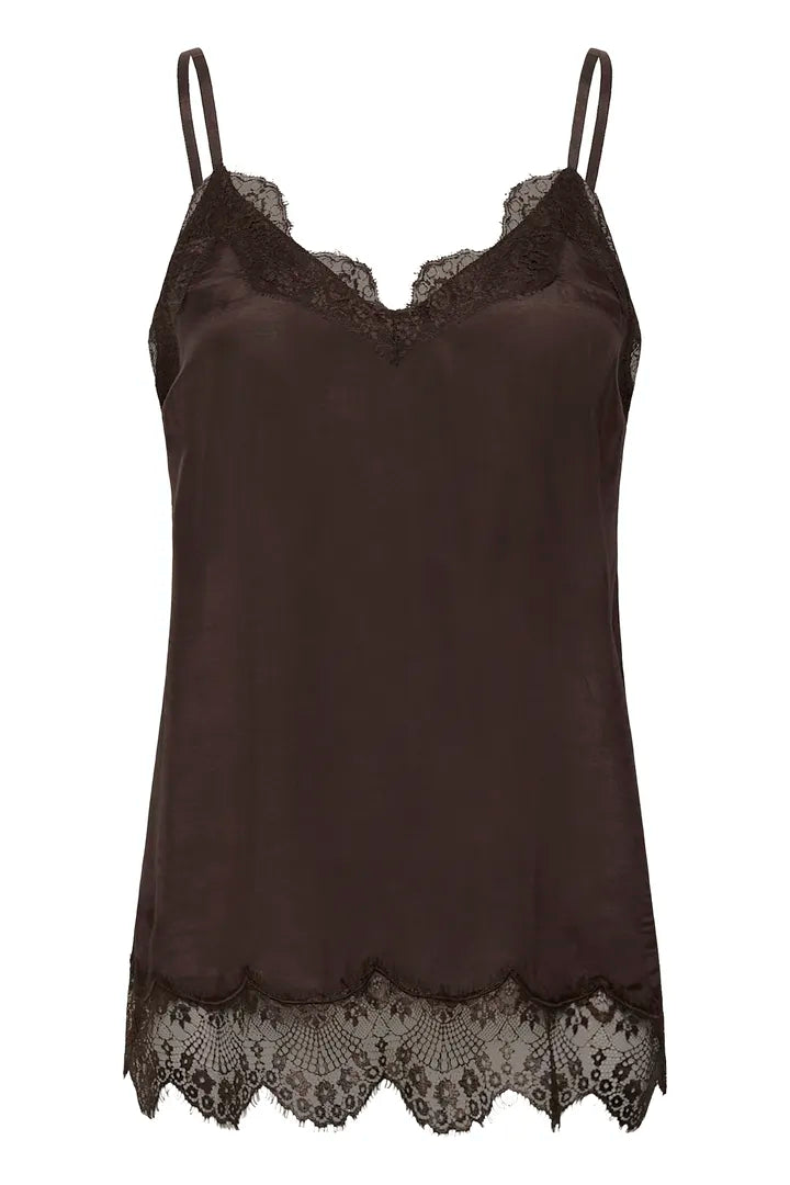 A dark brown satin camisole top with black lace trim along the neckline, underwire, and hem, shown against a plain white background.