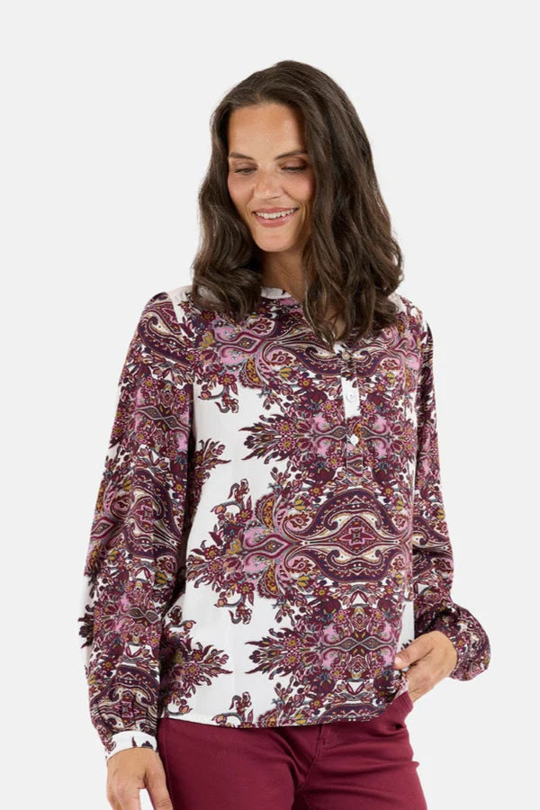 Long Sleeve Blouse - Bordeaux Mix - Paisley Print