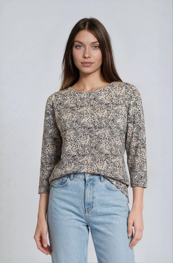 3/4 Sleeve Printed T-Shirt - Black Multi