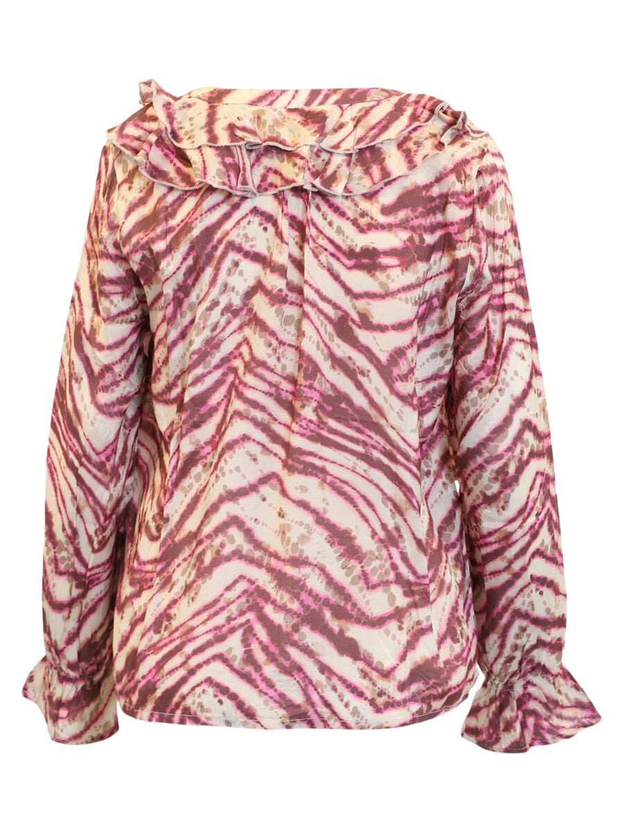 Button Through Ruffle Blouse - Pink Multi
