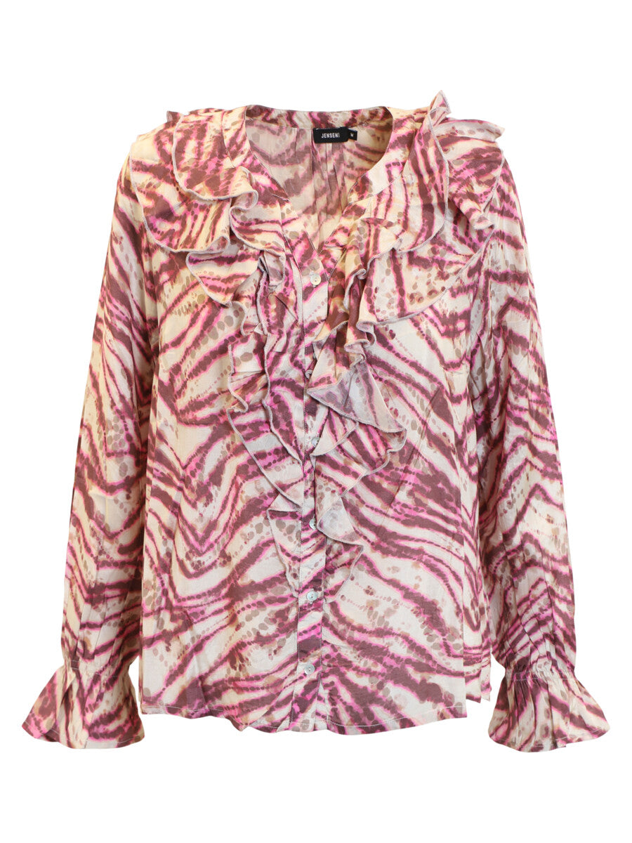 Button Through Ruffle Blouse - Pink Multi