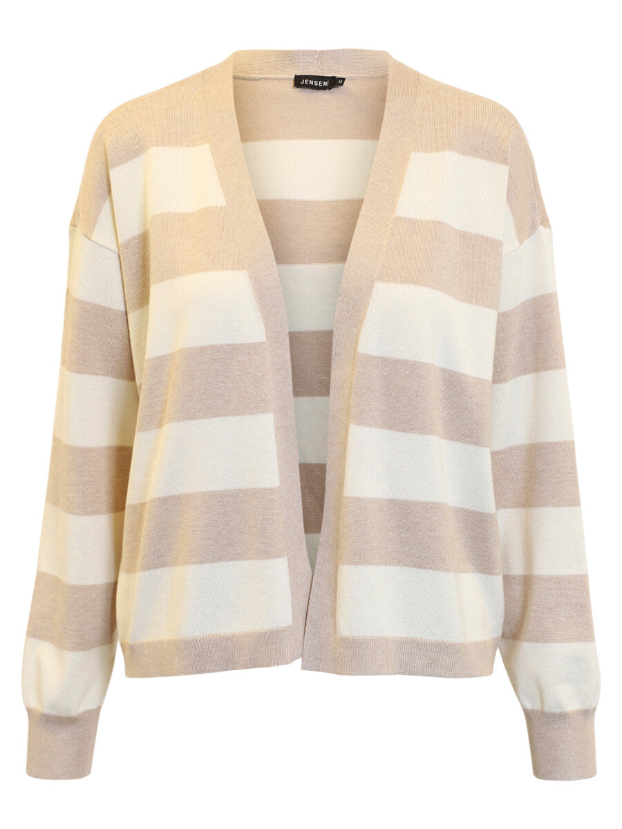 Beige and white striped cardigan on a white background