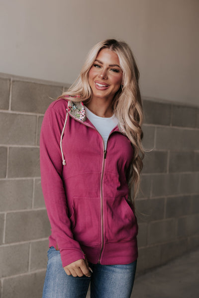 Full Zip Hoodie Glow Girl - allover magenta with grey floral accents