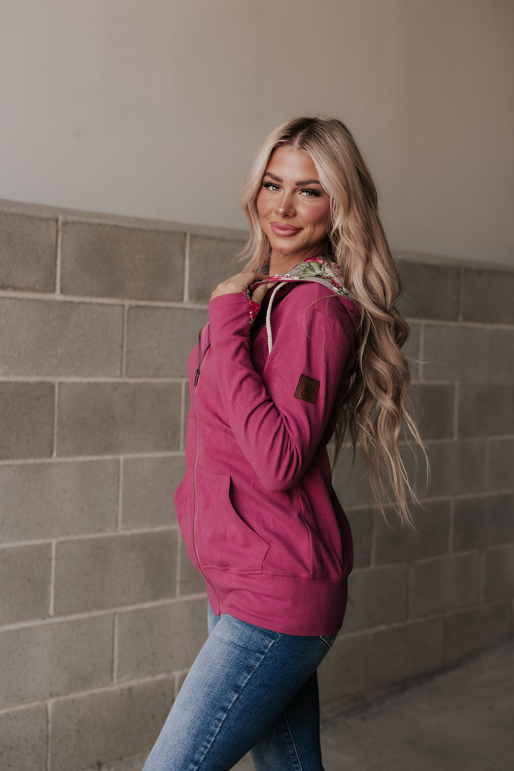 Full Zip Hoodie Glow Girl - allover magenta with grey floral accents