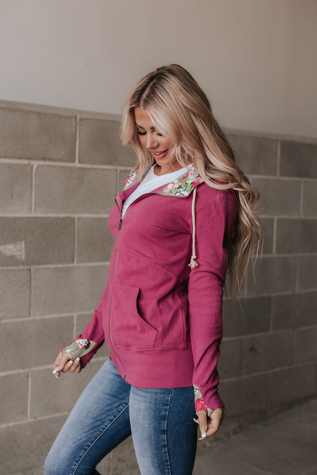 Full Zip Hoodie Glow Girl - allover magenta with grey floral accents