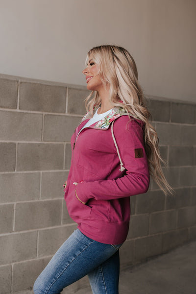 Full Zip Hoodie Glow Girl - allover magenta with grey floral accents