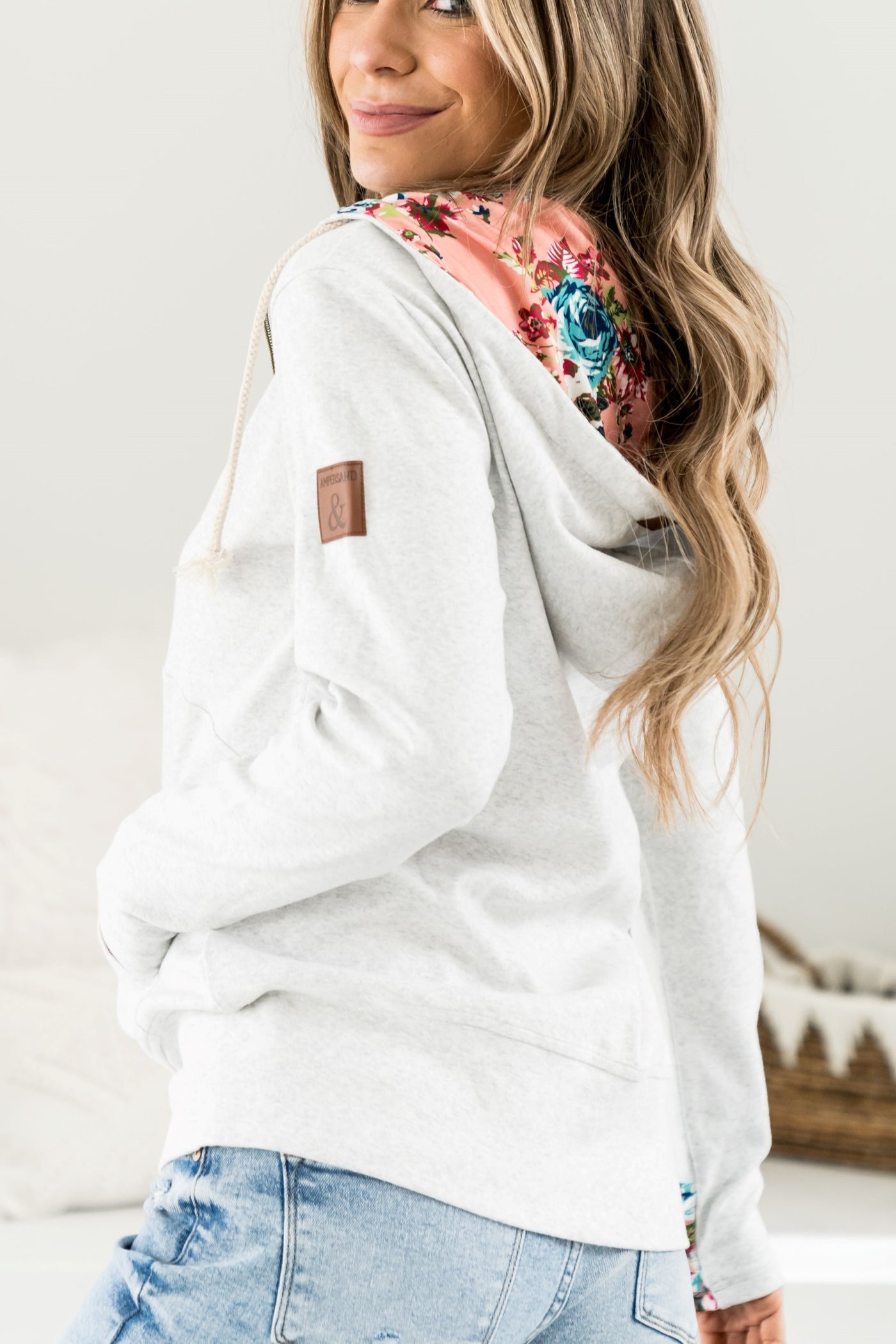 Full Zip Hi There allover hoodie - oatmeal with pink floral accents