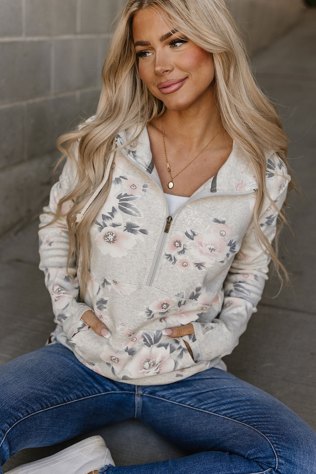 RESTOCKED!! Half Zip Sweatshirt Head Over Heals - oatmeal base with grey & pink floral design