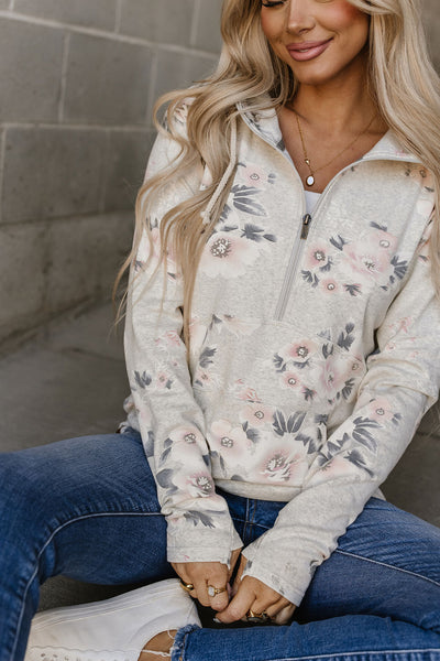 RESTOCKED!! Half Zip Sweatshirt Head Over Heals - oatmeal base with grey & pink floral design