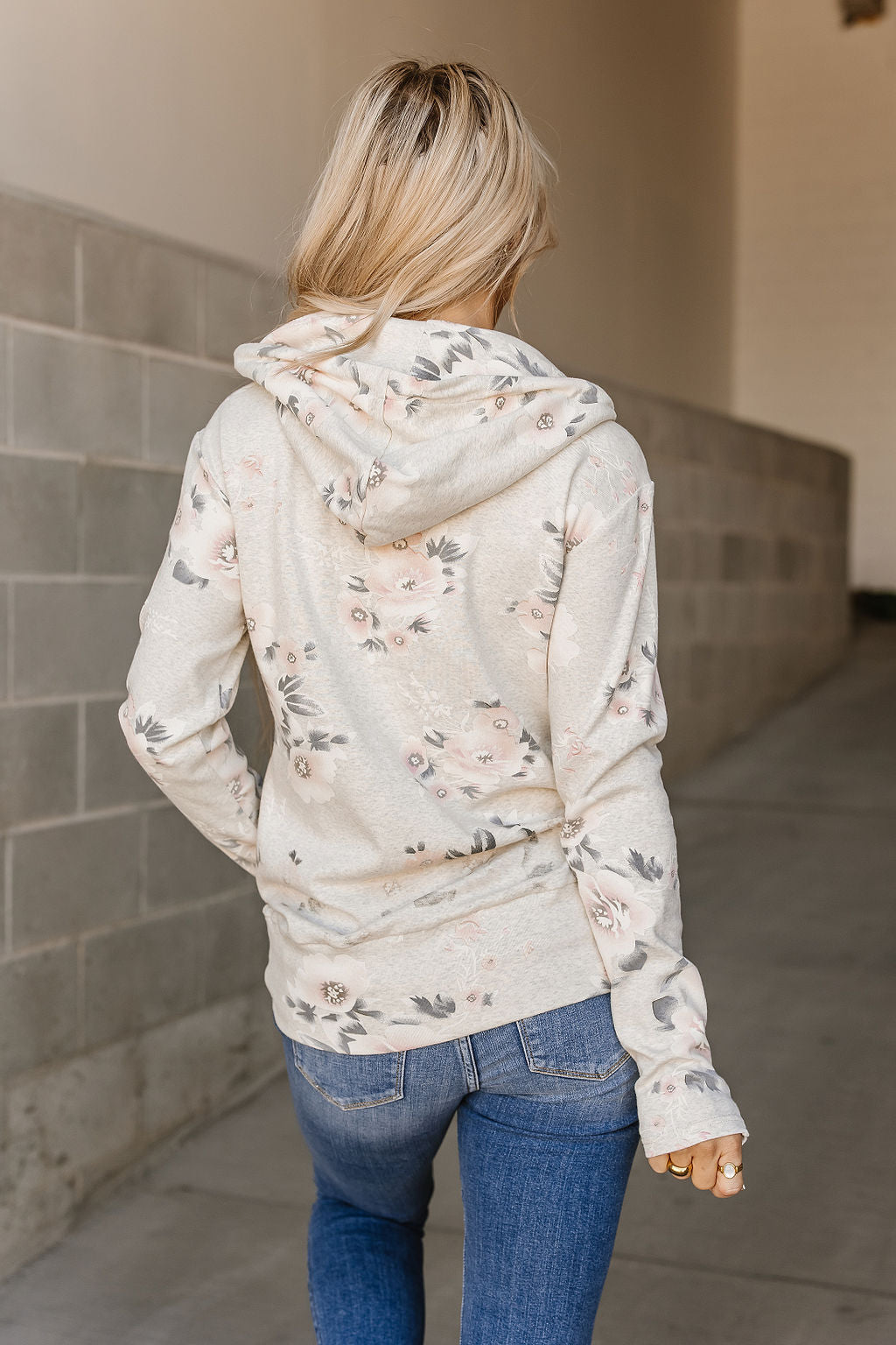 RESTOCKED!! Half Zip Sweatshirt Head Over Heals - oatmeal base with grey & pink floral design