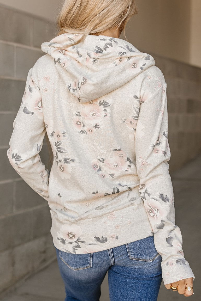 RESTOCKED!! Half Zip Sweatshirt Head Over Heals - oatmeal base with grey & pink floral design