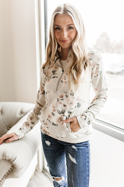 RESTOCKED!! Half Zip Sweatshirt Head Over Heals - oatmeal base with grey & pink floral design