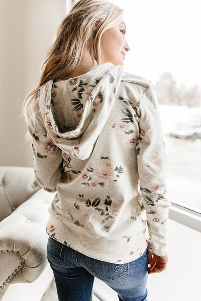 RESTOCKED!! Half Zip Sweatshirt Head Over Heals - oatmeal base with grey & pink floral design