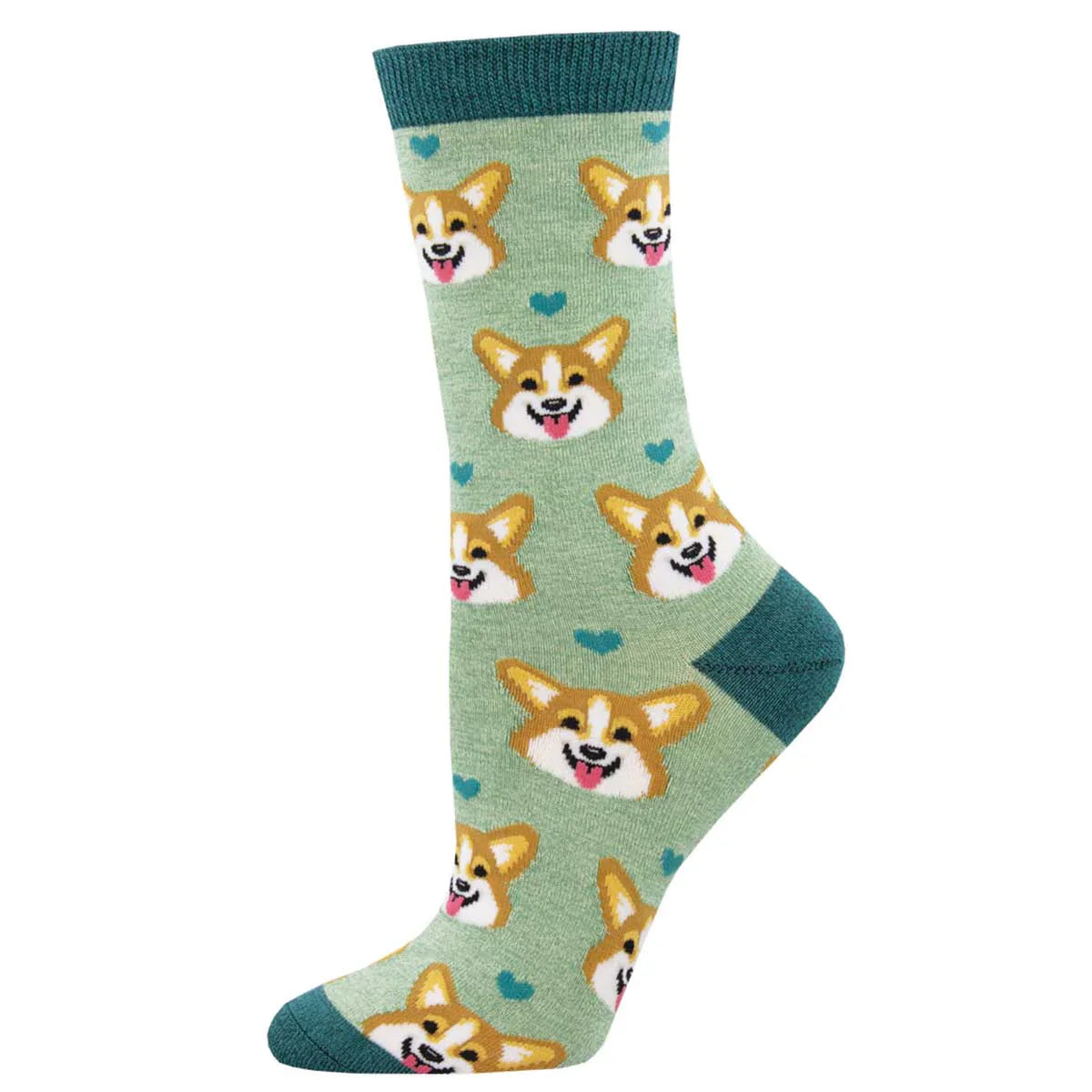 Ladies Bamboo Corgi Face Socks - Green Heather