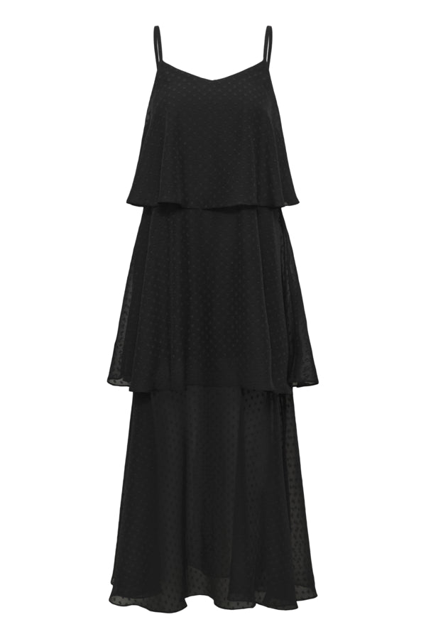 A black tiered maxi dress with spaghetti straps and a subtle textured pattern, shown against a plain white background.