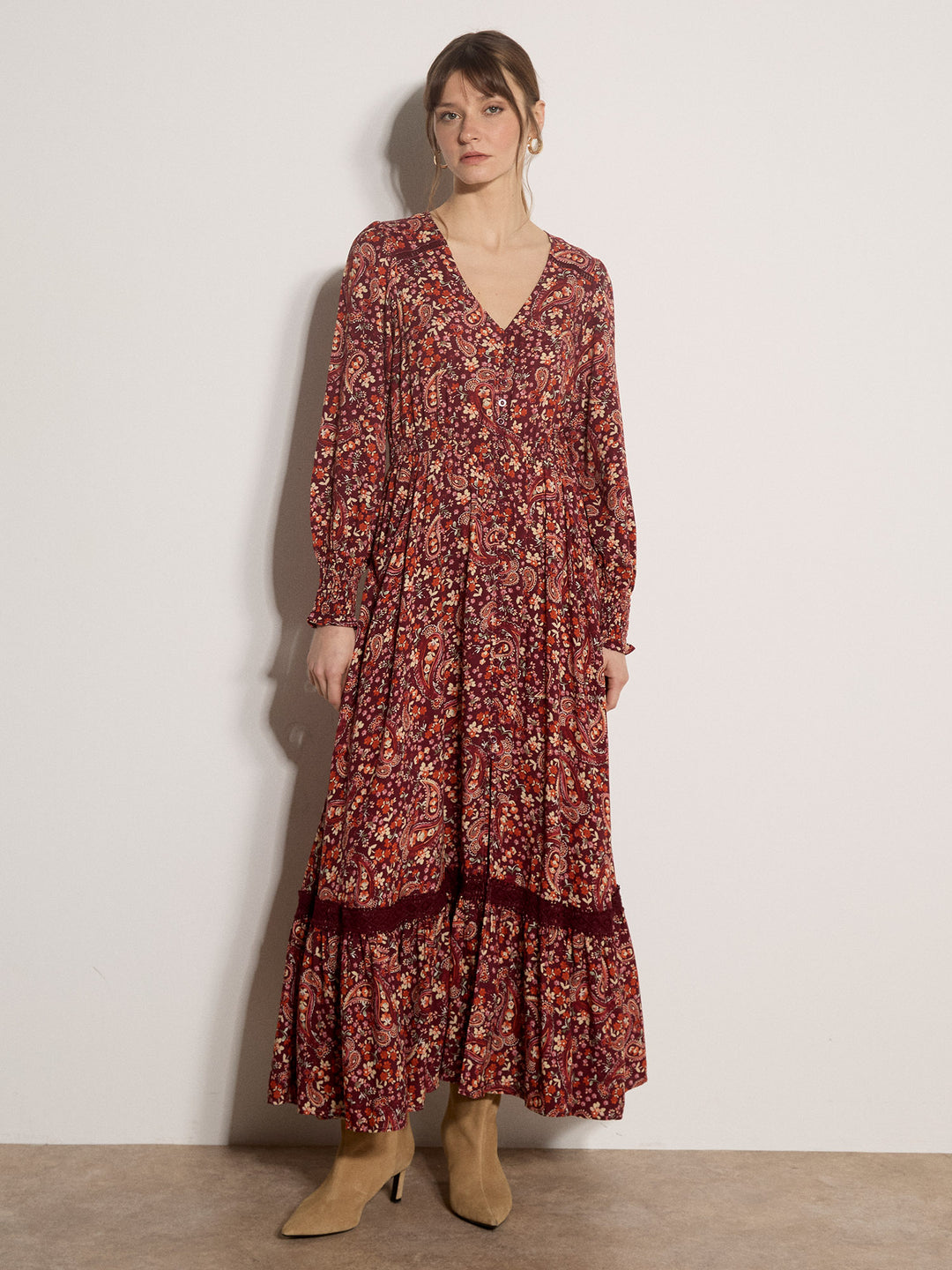 Painterly Paisley Crochet Insert Maxi Dress - Burgundy