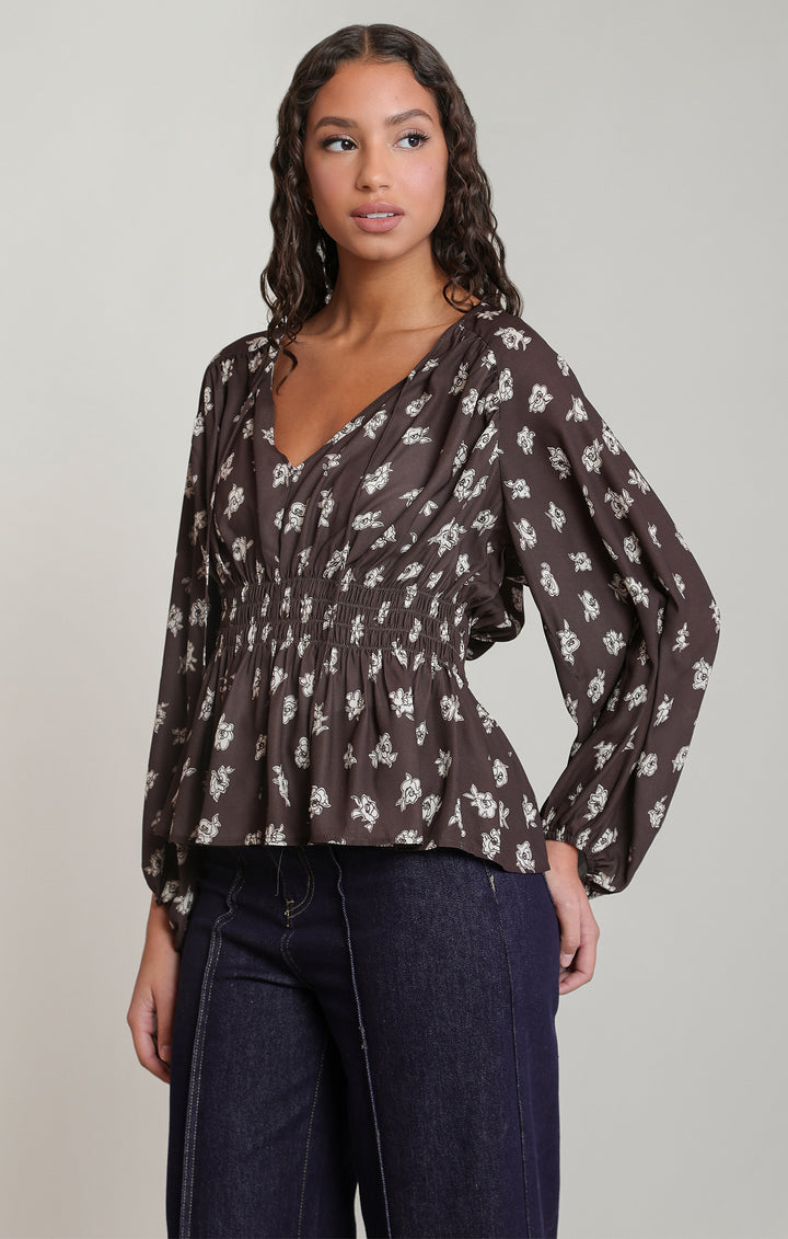 Floral Smocked Blouse - Brown &amp; Cream