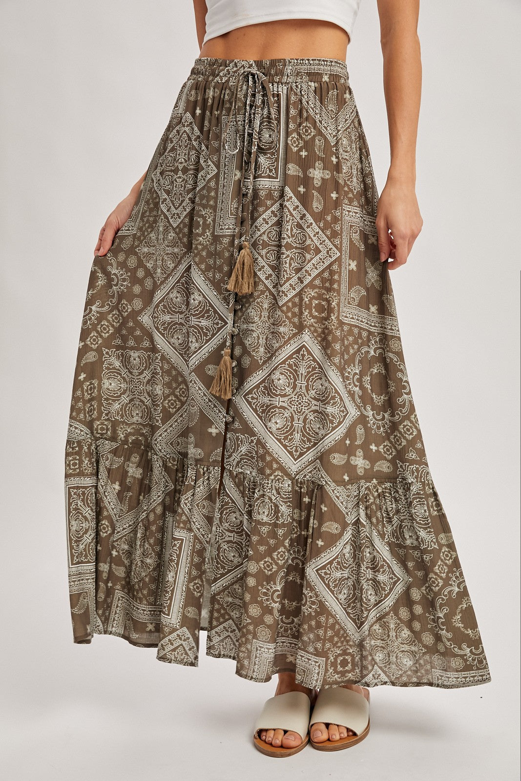 Boho Print Tiered Button Down Front Maxi Skirt