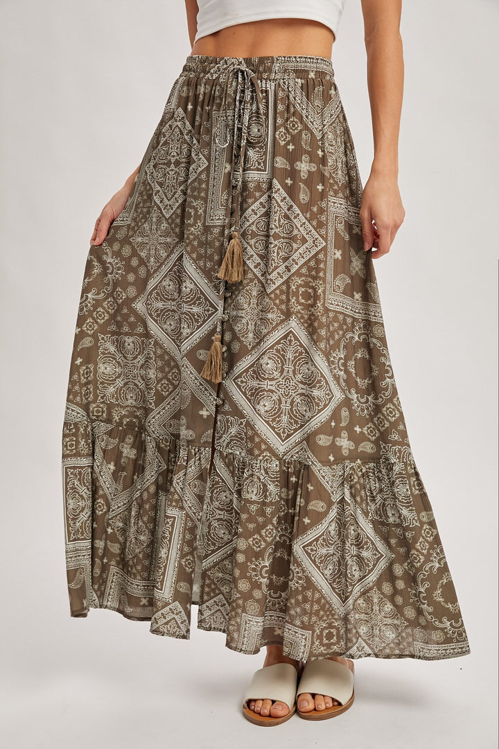 Boho Print Tiered Button Down Front Maxi Skirt