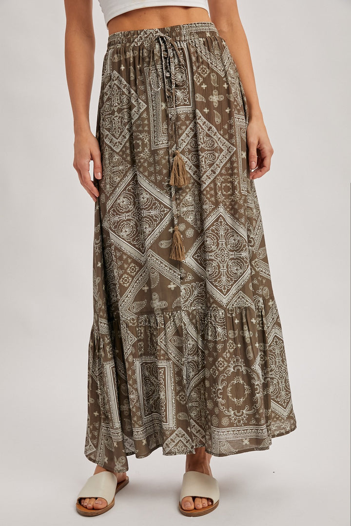 Boho Print Tiered Button Down Front Maxi Skirt