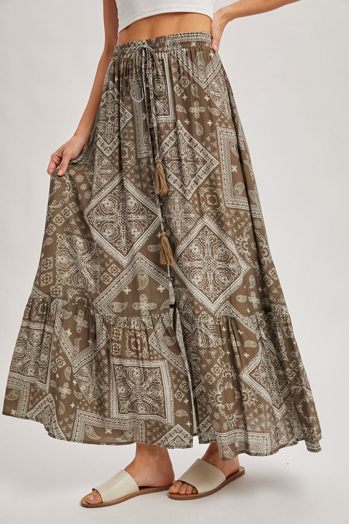 Boho Print Tiered Button Down Front Maxi Skirt
