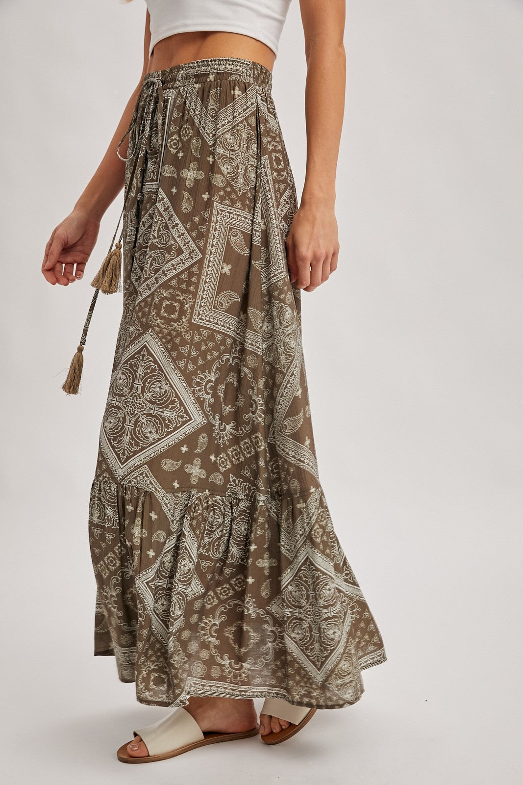 Boho Print Tiered Button Down Front Maxi Skirt