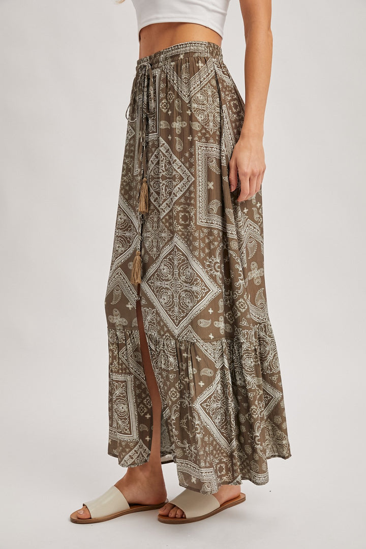 Boho Print Tiered Button Down Front Maxi Skirt