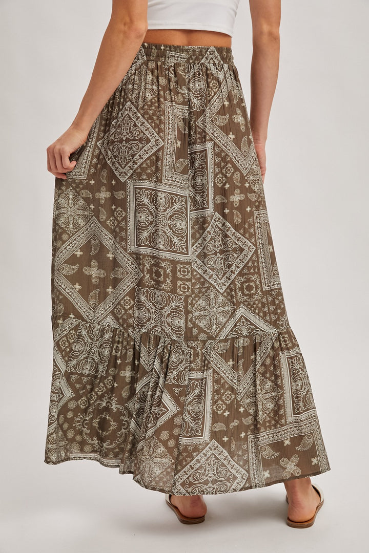 Boho Print Tiered Button Down Front Maxi Skirt