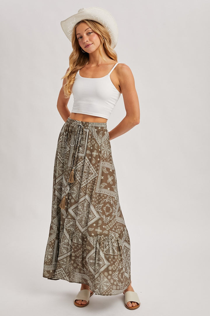 Boho Print Tiered Button Down Front Maxi Skirt