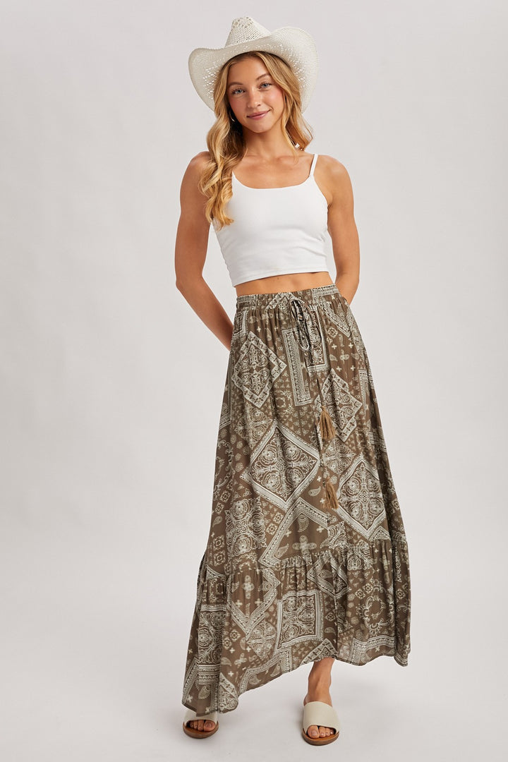 Boho Print Tiered Button Down Front Maxi Skirt
