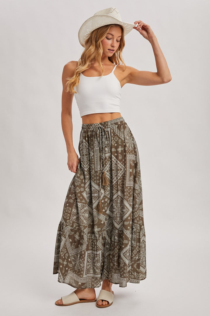 Boho Print Tiered Button Down Front Maxi Skirt