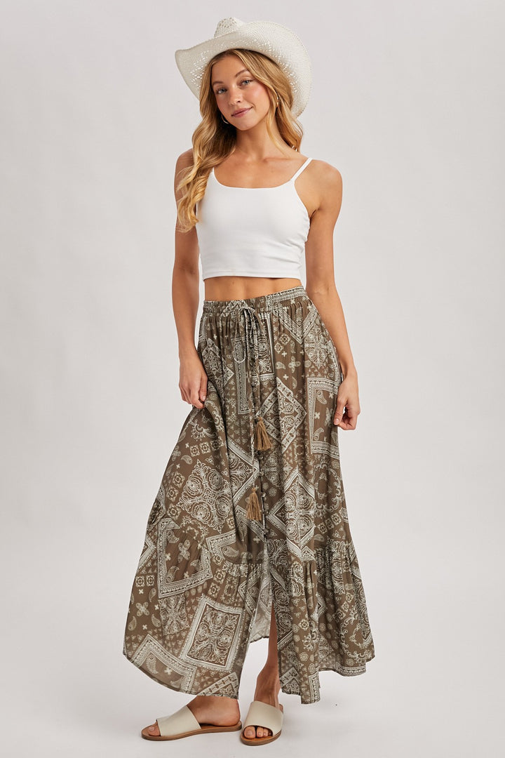Boho Print Tiered Button Down Front Maxi Skirt