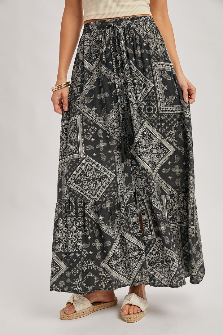 Boho Print Tiered Button Down Front Maxi Skirt