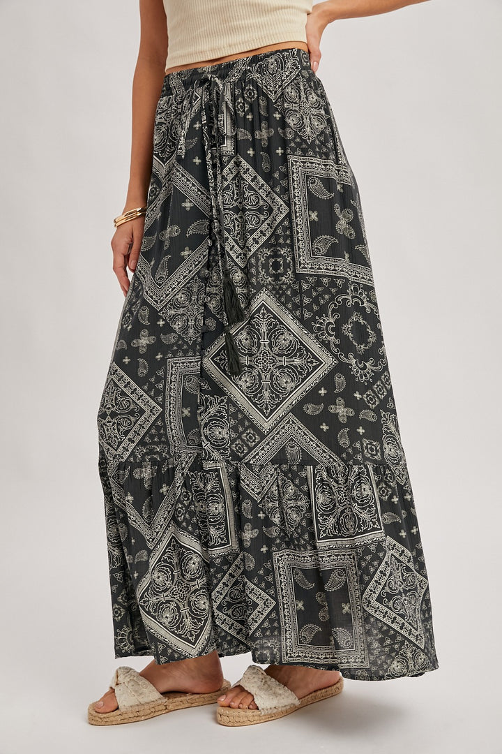 Boho Print Tiered Button Down Front Maxi Skirt