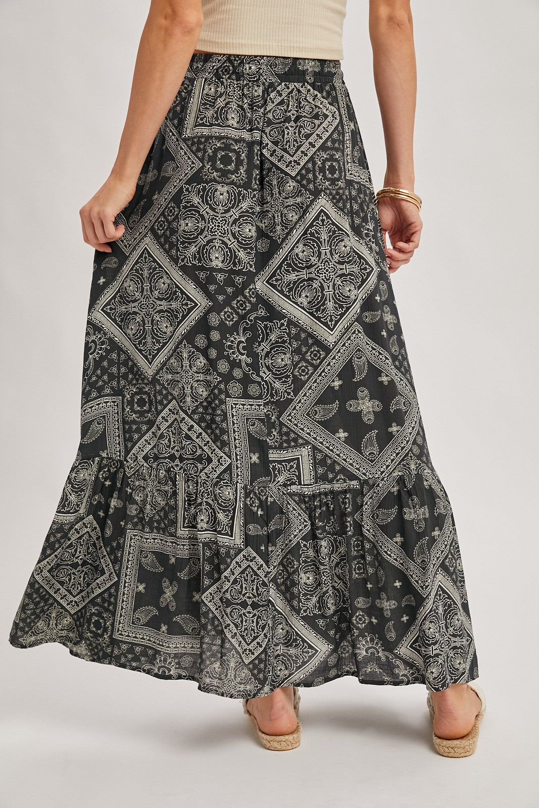 Boho Print Tiered Button Down Front Maxi Skirt