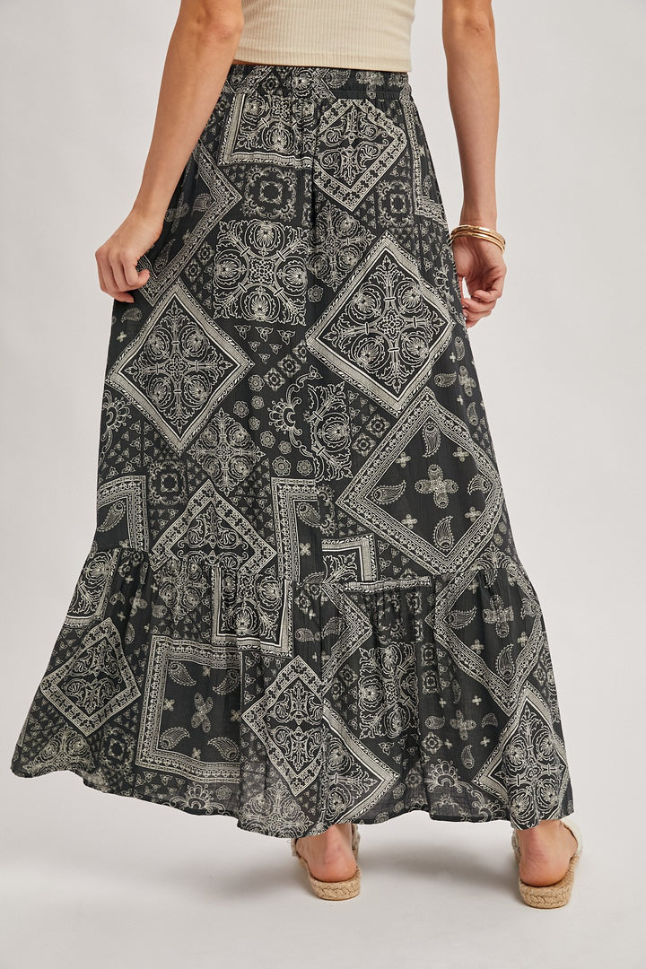 Boho Print Tiered Button Down Front Maxi Skirt