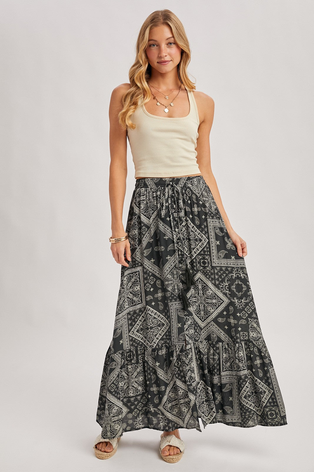 Boho Print Tiered Button Down Front Maxi Skirt