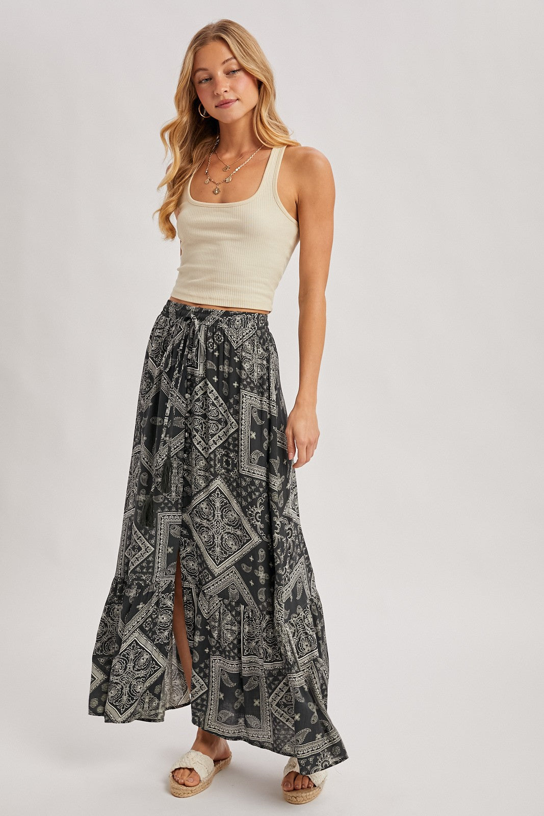 Boho Print Tiered Button Down Front Maxi Skirt