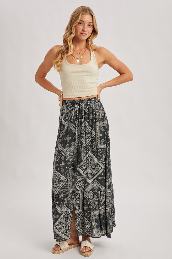Boho Print Tiered Button Down Front Maxi Skirt