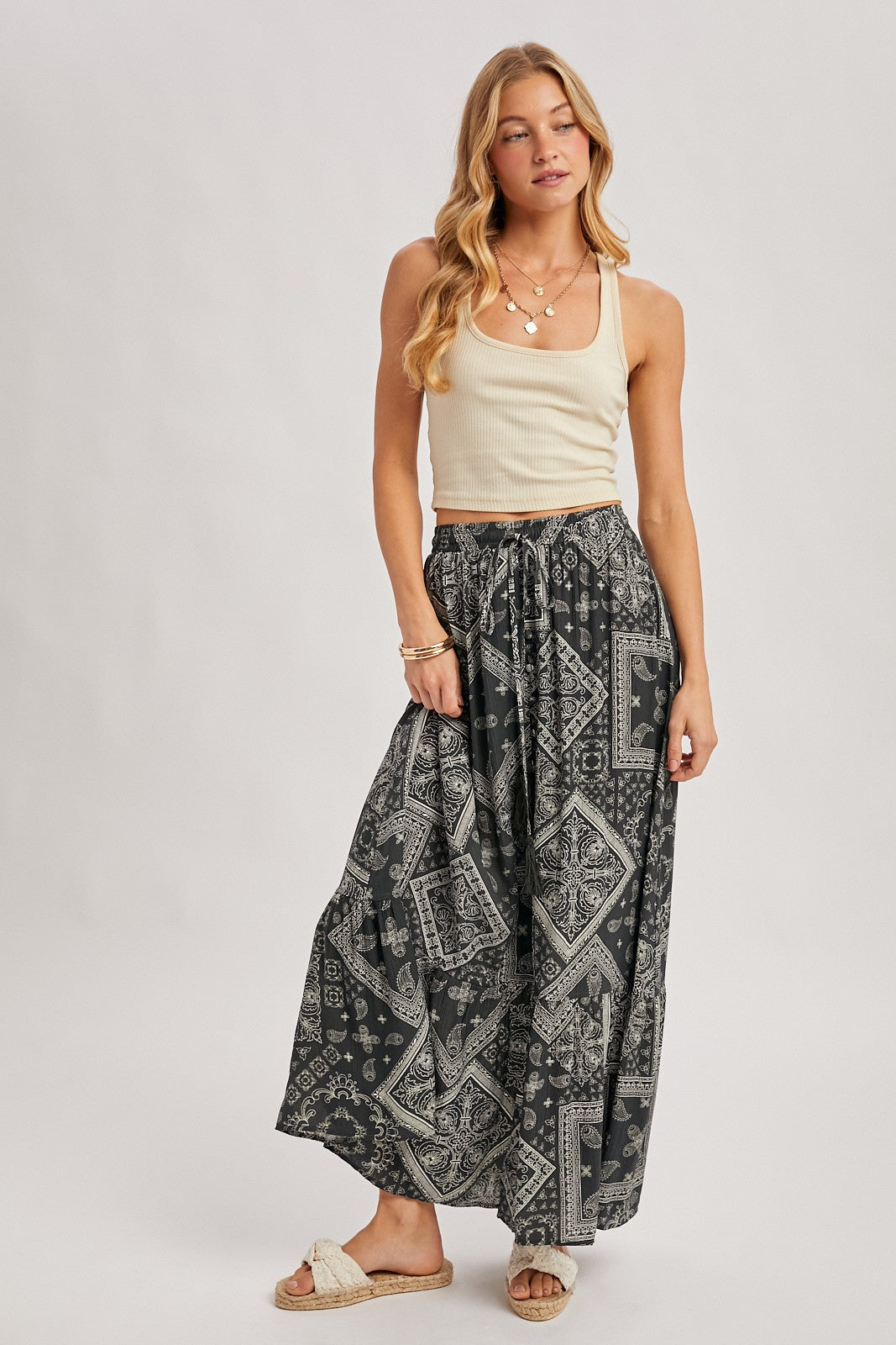 Boho Print Tiered Button Down Front Maxi Skirt