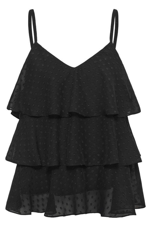 A black tiered ruffle camisole top with a subtle polka dot pattern, featuring thin shoulder straps and a V-neckline, shown against a plain white background.