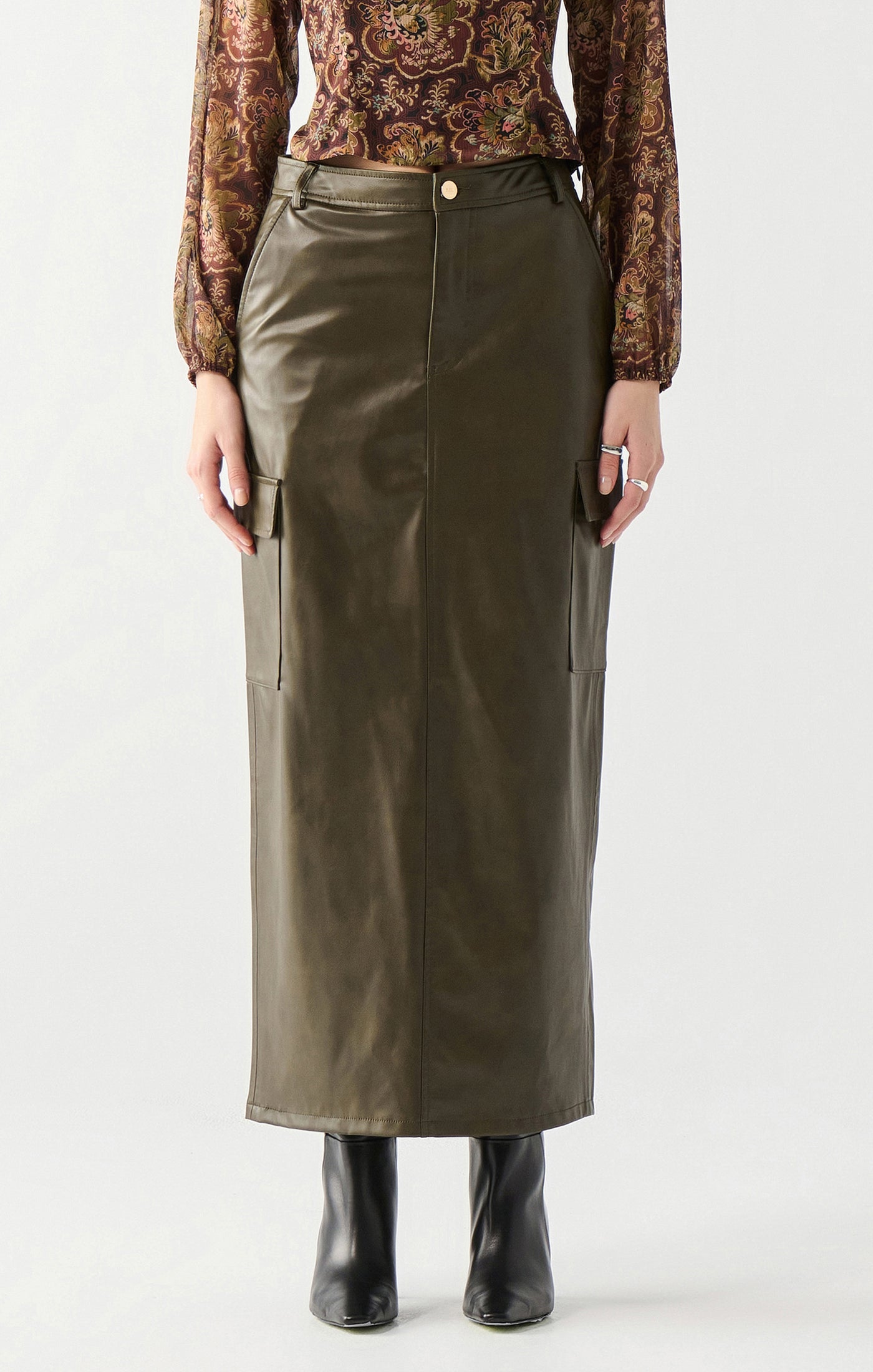 Faux Leather Cargo Maxi Skirt - Dark Khaki Green