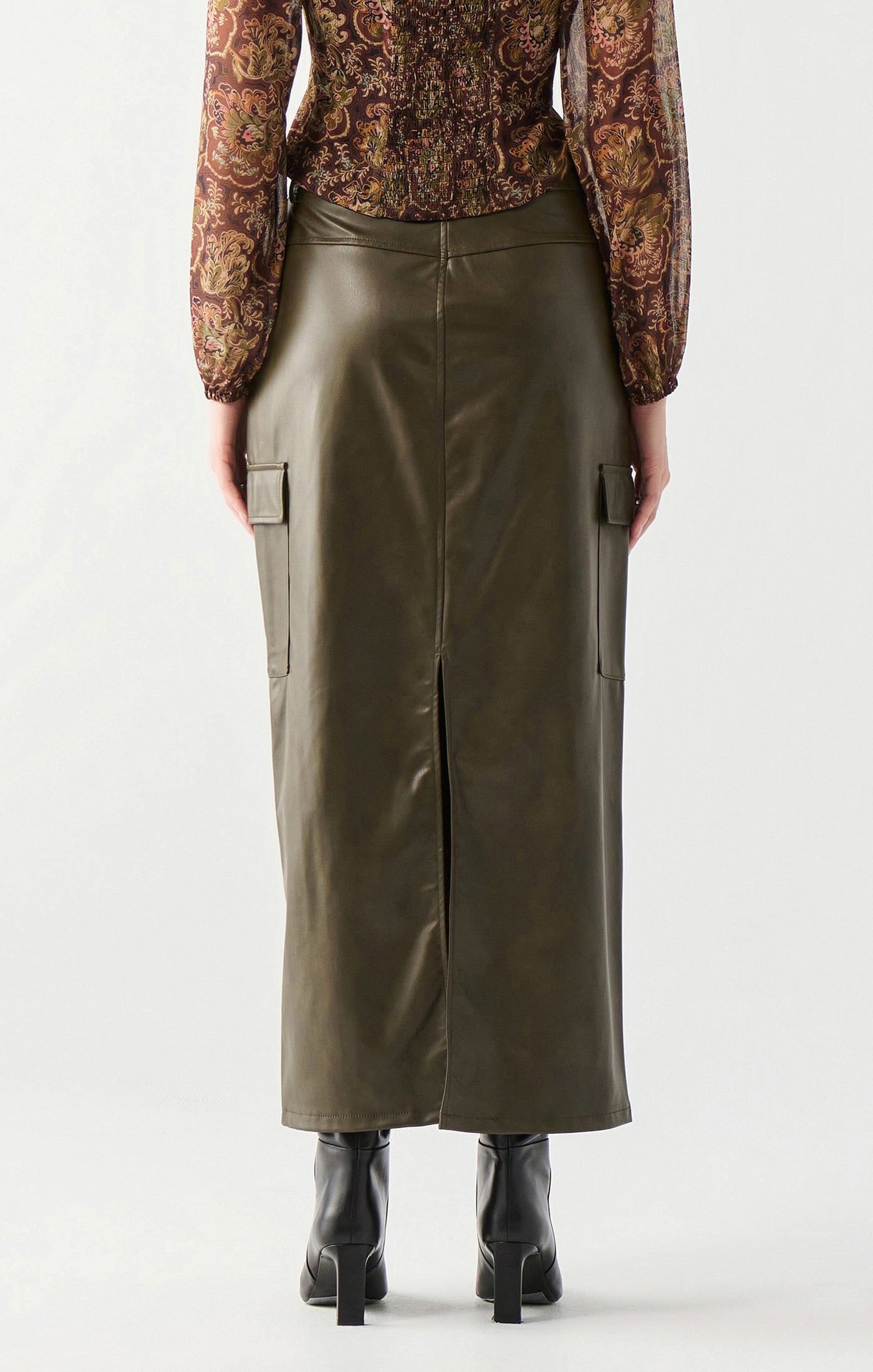 Faux Leather Cargo Maxi Skirt - Dark Khaki Green