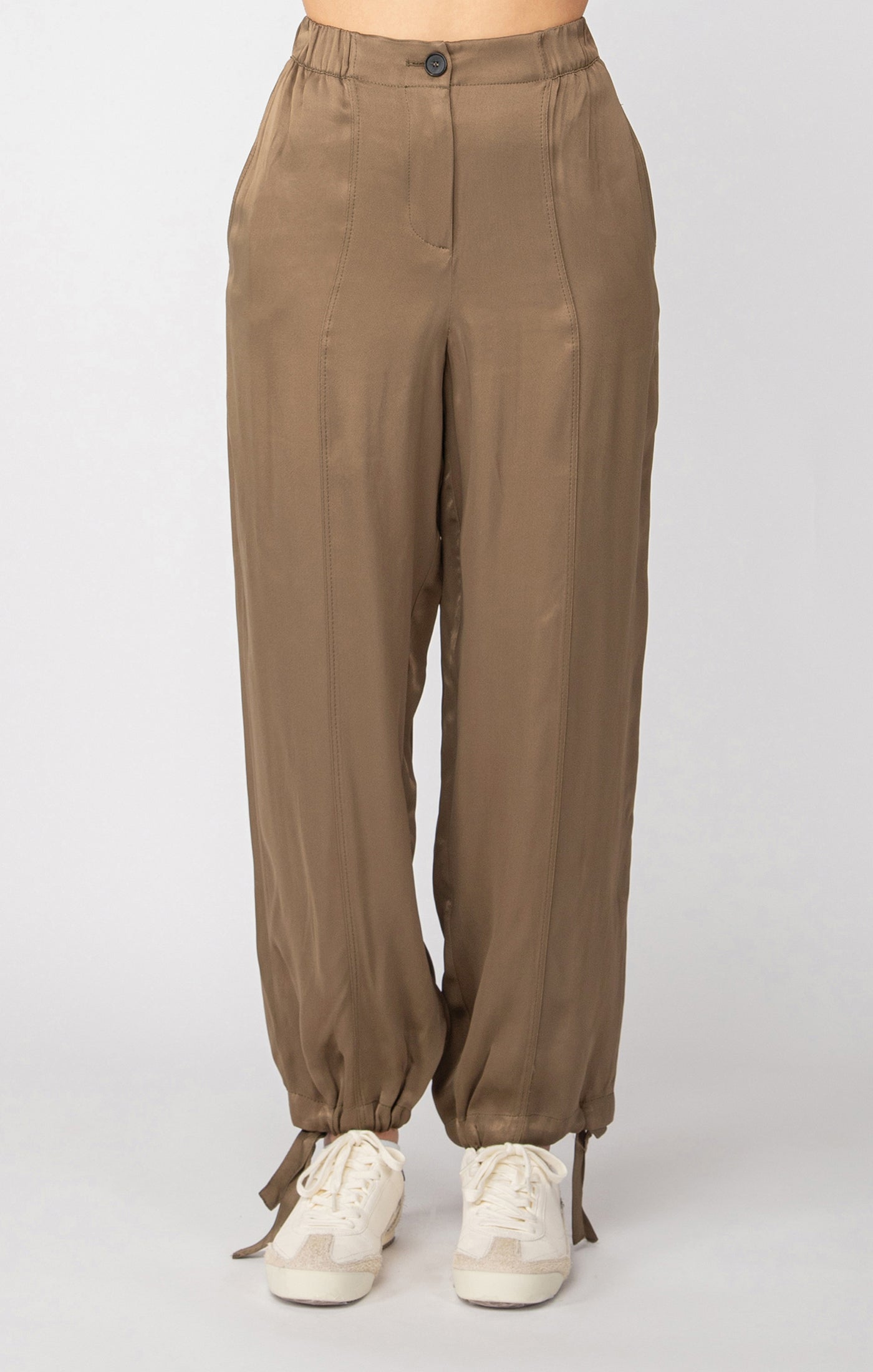 Tie Cuff Satin Pants - Olive