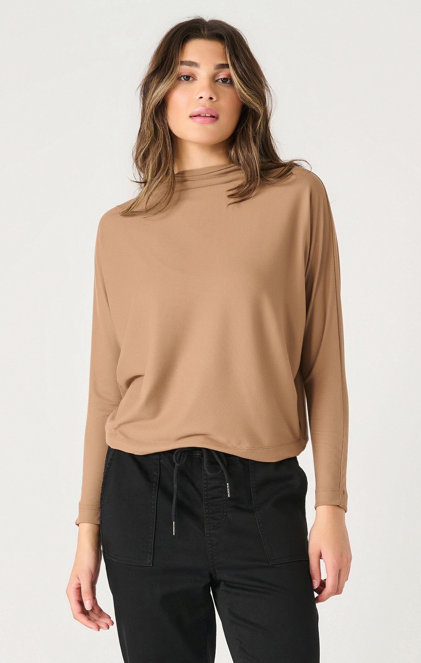 FALL Long Sleeve Mock Neck Ribbed Top - Camel