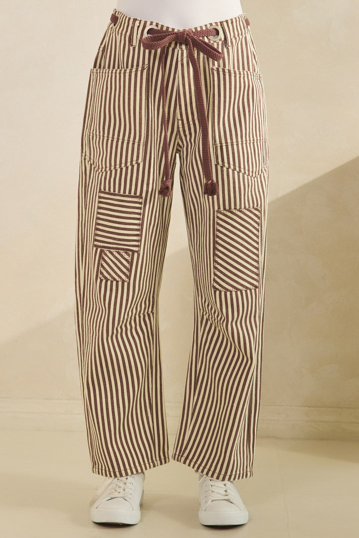 Washed Vintage Stripe Rope String Pants - Mocha Mousse